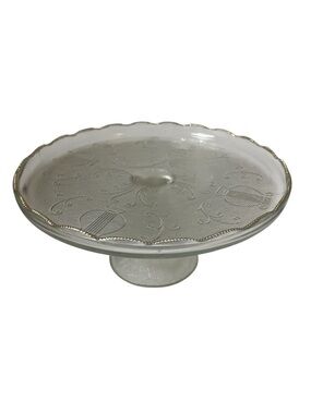 Vintage Jeannette Glass Pedestal Cake Stand Plate Harp Lyre Pattern 10”